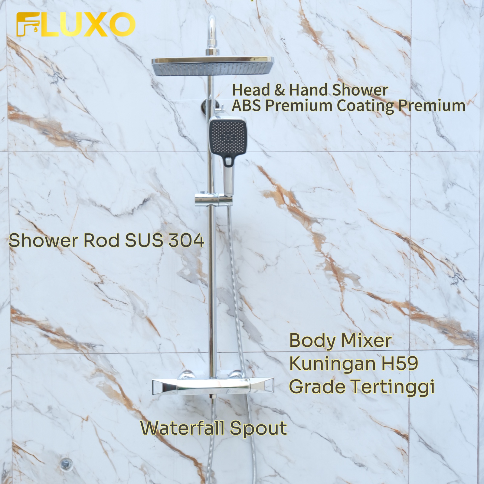 FLUXO Shower Set Tiang Kuningan Kran Air Panas Dingin Keran Mandi Shower Mixer