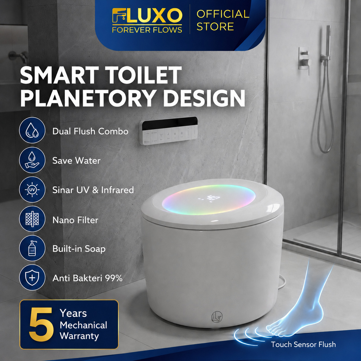 Fluxo SMART TOILET Kloset Duduk Ecowasher Smart Closet Duduk Toilet UV Sterilizer Sensor Kaki Auto Flush