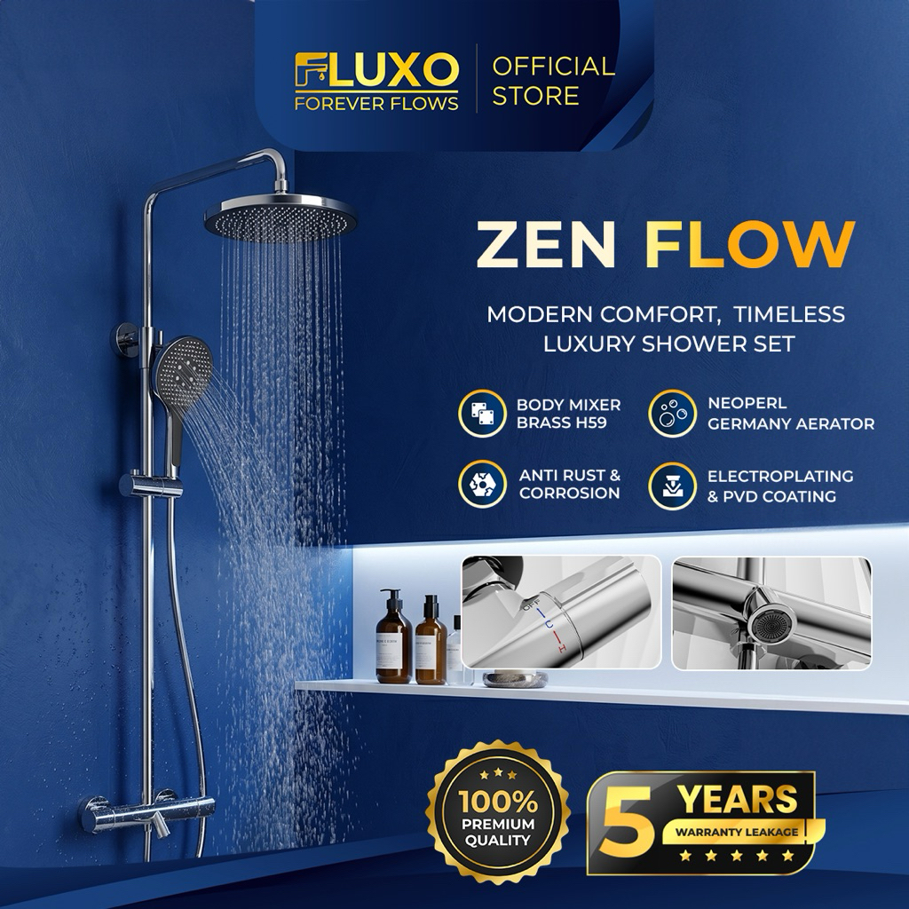 FLUXO Shower Set Tiang Kuningan Kran Air Panas Dingin Keran Mandi Shower Mixer