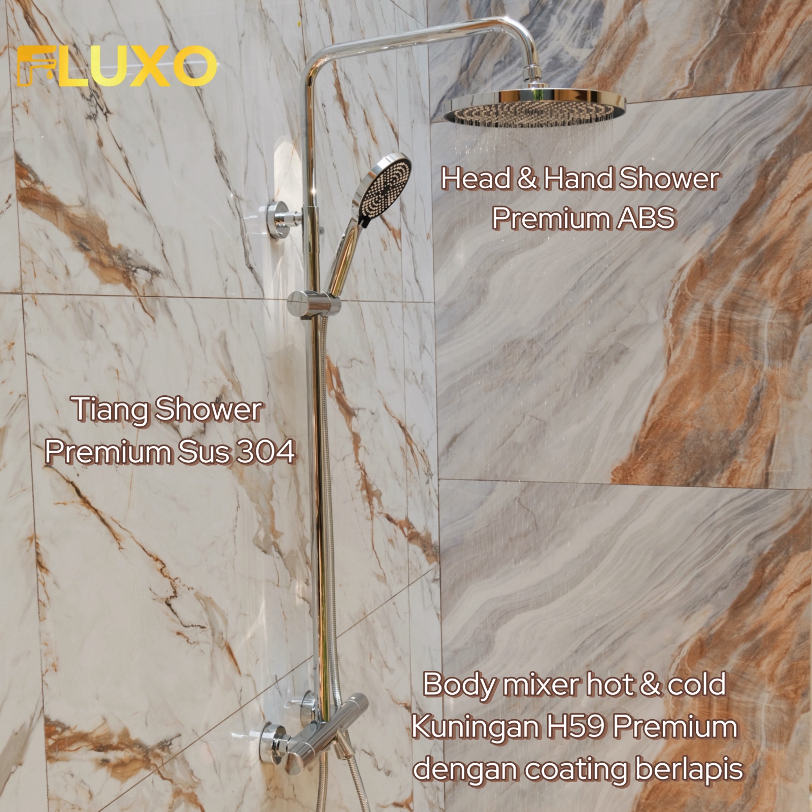 FLUXO Shower Set Tiang Kuningan Kran Air Panas Dingin Keran Mandi Shower Mixer