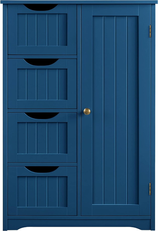 Wooden Bathroom Floor Cabinet, Side Storage Organizer Cabinet with 4 Drawers and 1 Cupboard, Freestanding Entryway Storage Unit Console Table, Bathroom Furniture Home Decor, Navy Blue