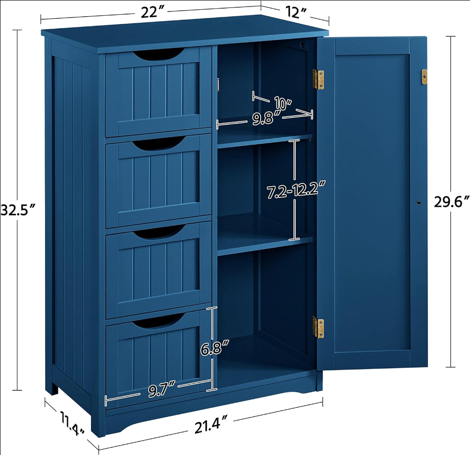 Wooden Bathroom Floor Cabinet, Side Storage Organizer Cabinet with 4 Drawers and 1 Cupboard, Freestanding Entryway Storage Unit Console Table, Bathroom Furniture Home Decor, Navy Blue
