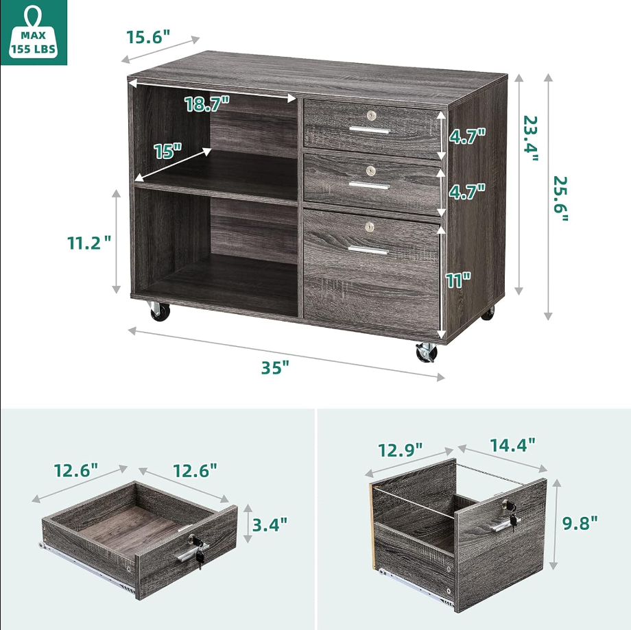 Wood File Cabinet, 3 Drawer Mobile Lateral Filing Cabinet, Storage Cabinet Printer Stand with 2 Open Shelves for Home Office Organization,Dark Grey