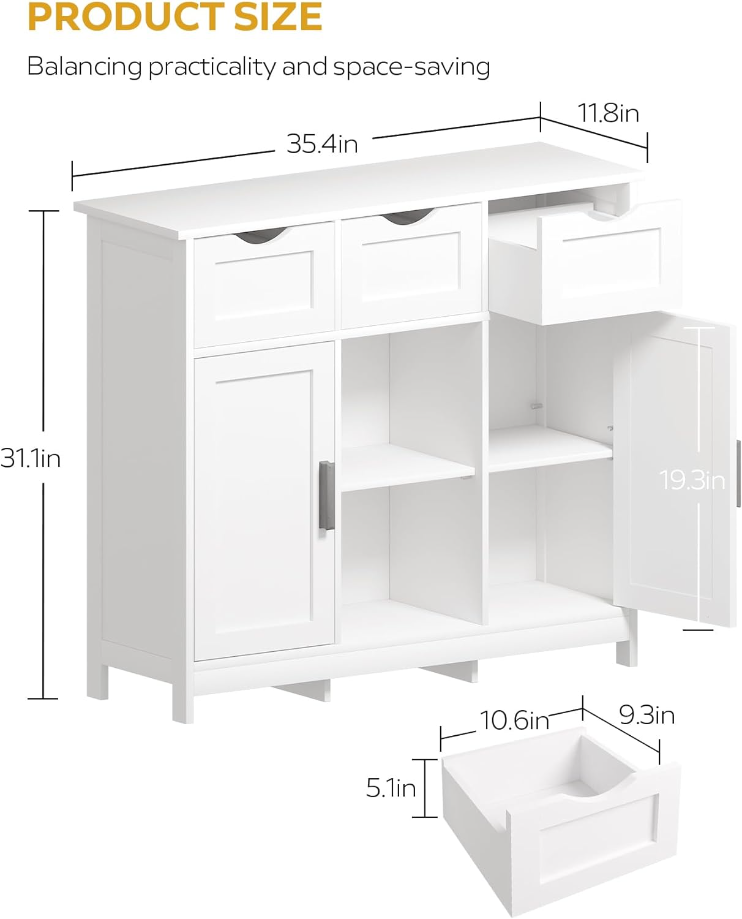 Storage Cabinets，Wooden Floor Cabinet，with Drawers and Shelves Storage Cabinets，Accent Cabinet for Living Room， Bedroom，Bathroom Furniture Home Decor（White）