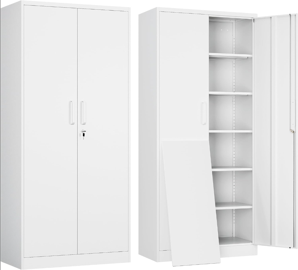 Metal Garage Storage Cabinet with 2 Doors and 5 Adjustable Shelves - 71" Steel Lockable File Cabinet,Locking Tool Cabinets for Office,Home,Garage,Gym,School (White)