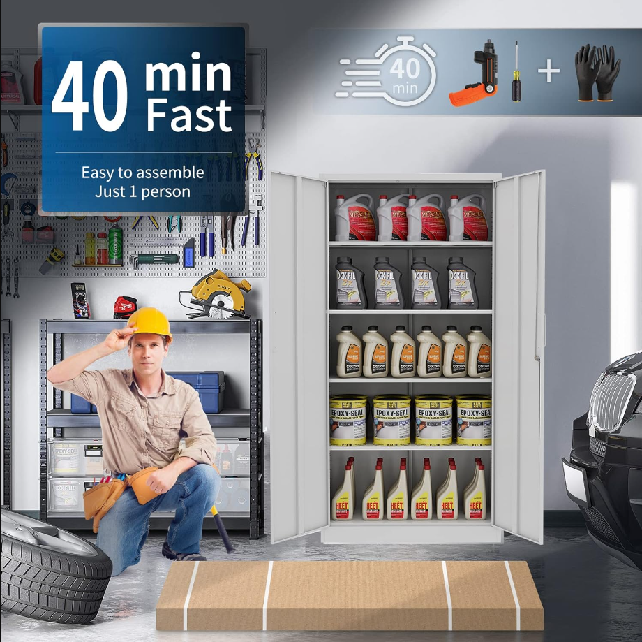 Metal Garage Storage Cabinet with 2 Doors and 5 Adjustable Shelves - 71" Steel Lockable File Cabinet,Locking Tool Cabinets for Office,Home,Garage,Gym,School (White)