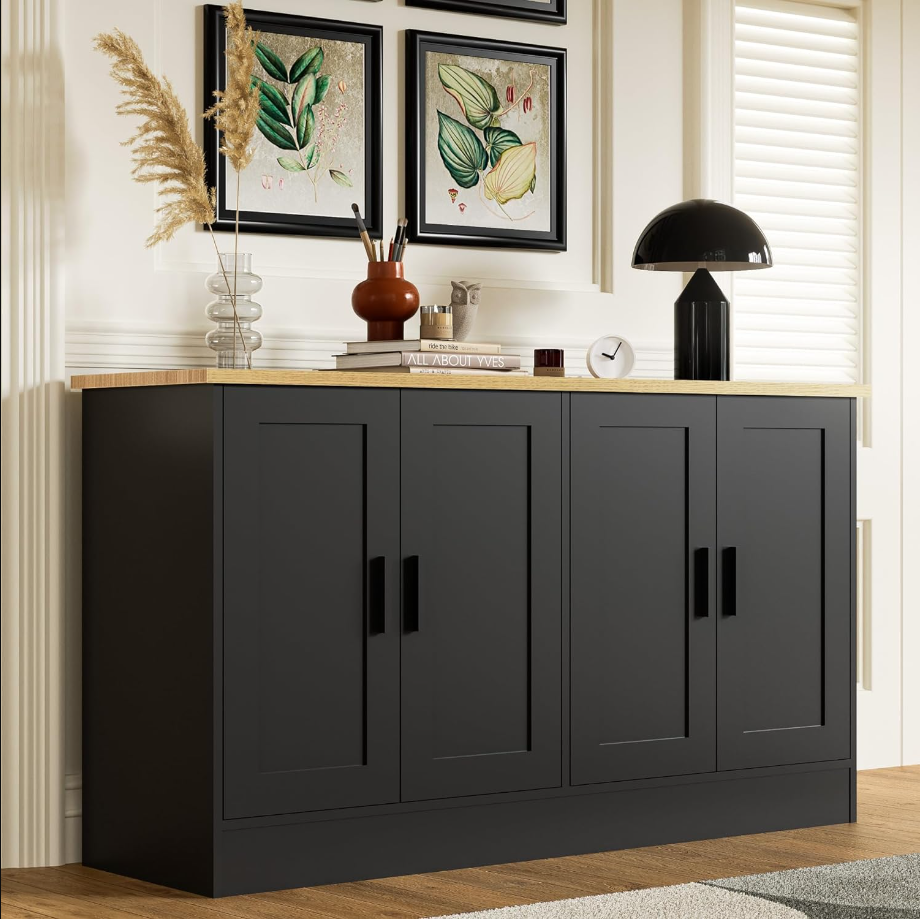 Black 4 Door Buffet Cabinet, Coffee Bar Cabinet with Adjustable Shelf, Kitchen Buffet Sideboard for Living Room, Kitchen