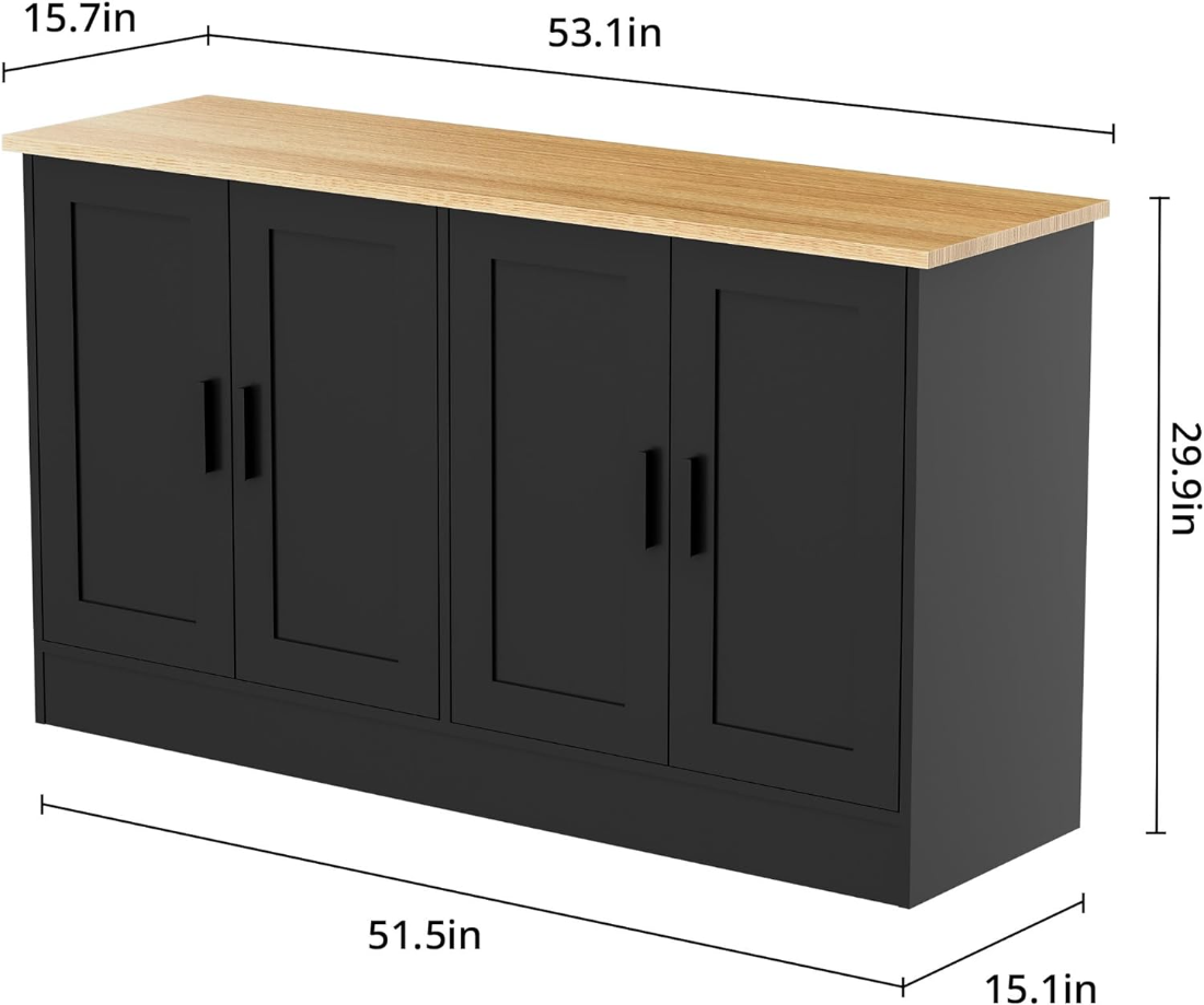 Black 4 Door Buffet Cabinet, Coffee Bar Cabinet with Adjustable Shelf, Kitchen Buffet Sideboard for Living Room, Kitchen