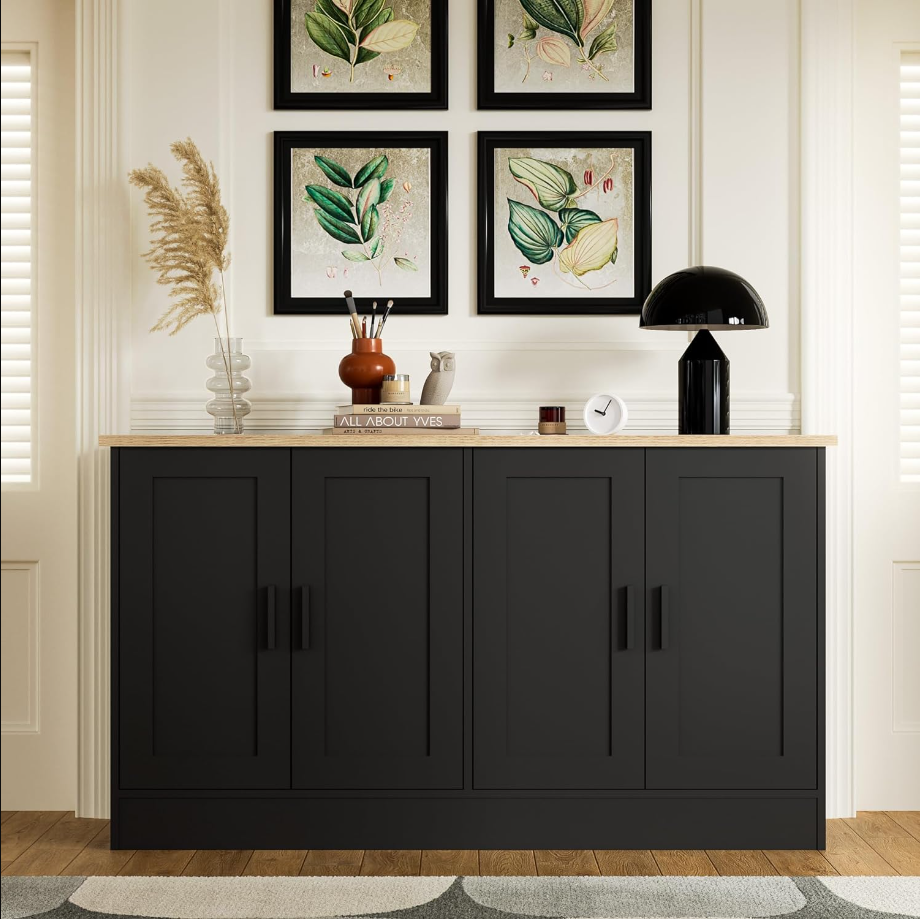 Black 4 Door Buffet Cabinet, Coffee Bar Cabinet with Adjustable Shelf, Kitchen Buffet Sideboard for Living Room, Kitchen