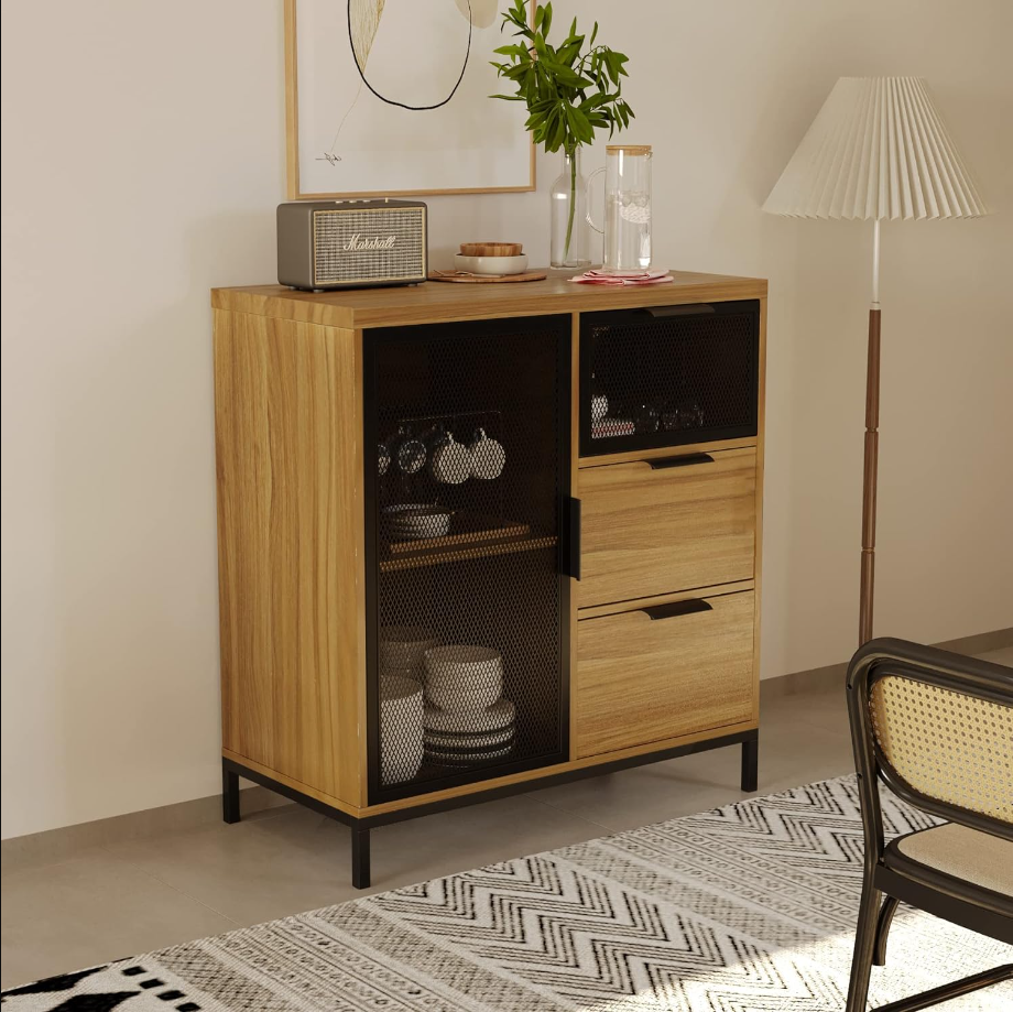 Sideboard Buffet Cabinet with Storage, Sideboard Storage Cabinet with Drawers, Door and Adjustable Shelf, Industrial Coffee Bar for Dining Room, Hallway, Kitchen, 31.5L x 15.7W x 34H