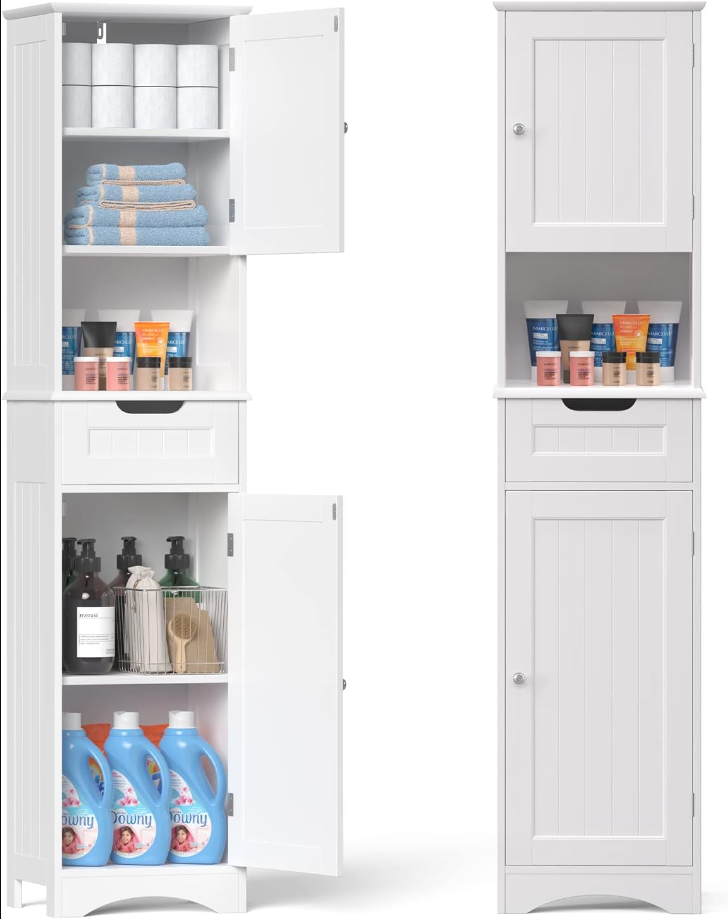 67" H Tall Bathroom Storage Cabinet w/ 2 Doors & 1 Drawer, Narrow Linen Tower Freestanding w/Adjustable Shelves for Home, Kitchen, Versatile, Anti-Tipping, White