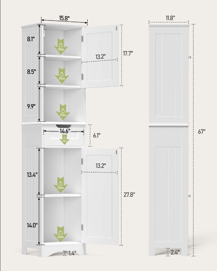 67" H Tall Bathroom Storage Cabinet w/ 2 Doors & 1 Drawer, Narrow Linen Tower Freestanding w/Adjustable Shelves for Home, Kitchen, Versatile, Anti-Tipping, White