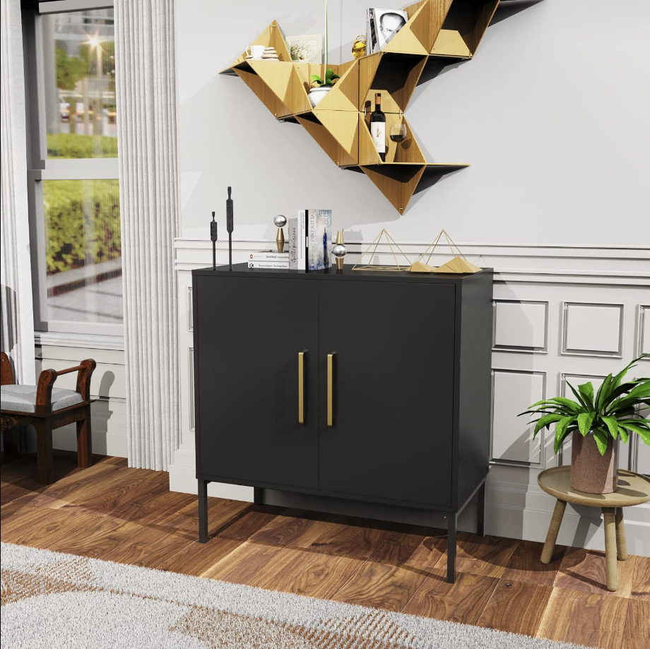 Storage Buffet Cabinet, Freestanding Sideboard with Double Doors, Modern Wooden Sideboard, Black Side Cabinets for Bedroom, Living Room, Kitchen, Office and Hallway, WLFH0007BK