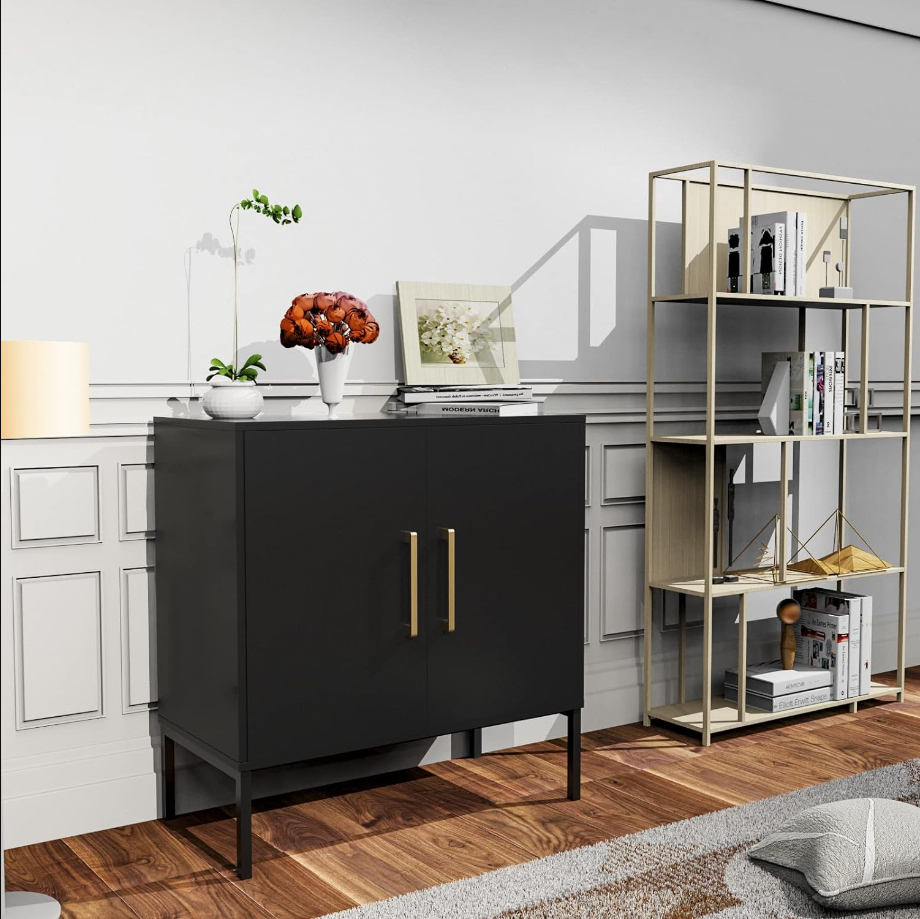 Storage Buffet Cabinet, Freestanding Sideboard with Double Doors, Modern Wooden Sideboard, Black Side Cabinets for Bedroom, Living Room, Kitchen, Office and Hallway, WLFH0007BK
