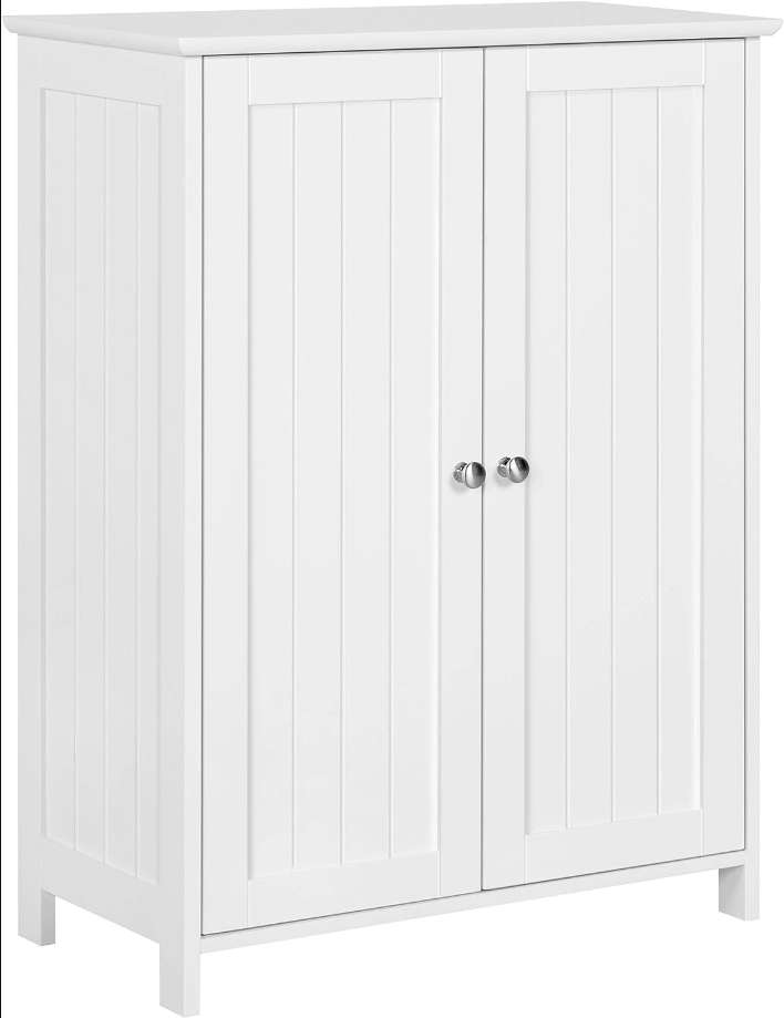 Bathroom Storage Floor Cabinet, Modern Freestanding Organizer Cabinet with Adjustable Shelf & Double Doors, 3-Tier Home Living Room Furniture, White