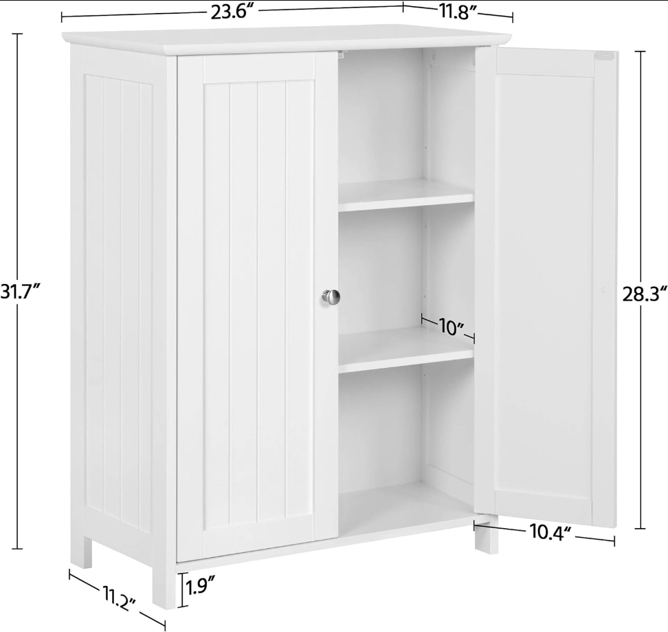 Bathroom Storage Floor Cabinet, Modern Freestanding Organizer Cabinet with Adjustable Shelf & Double Doors, 3-Tier Home Living Room Furniture, White
