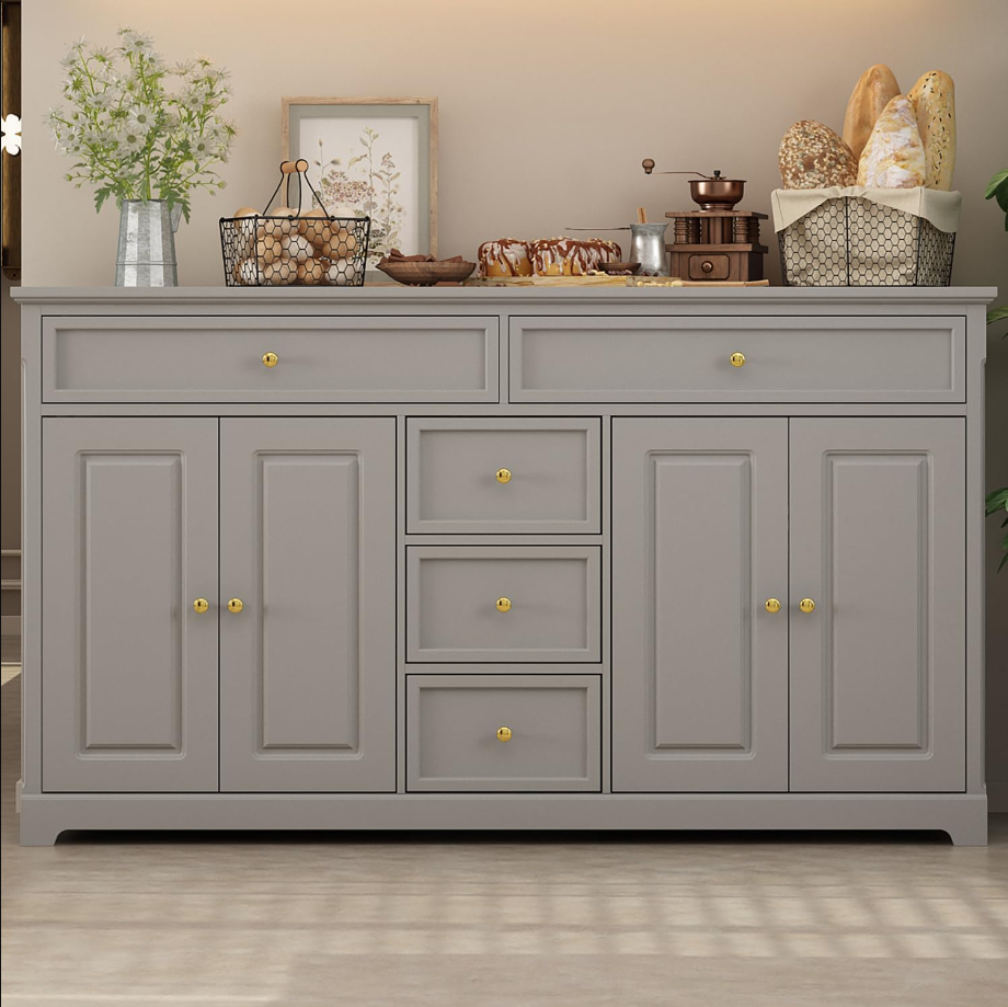 Buffet Cabinet Storage Kitchen Sideboard Farmhouse Buffet Server Bar Wine Cabinet with 5 Drawers & 4 Doors, Console Table for Dining Living Room Cupboard (Grey)