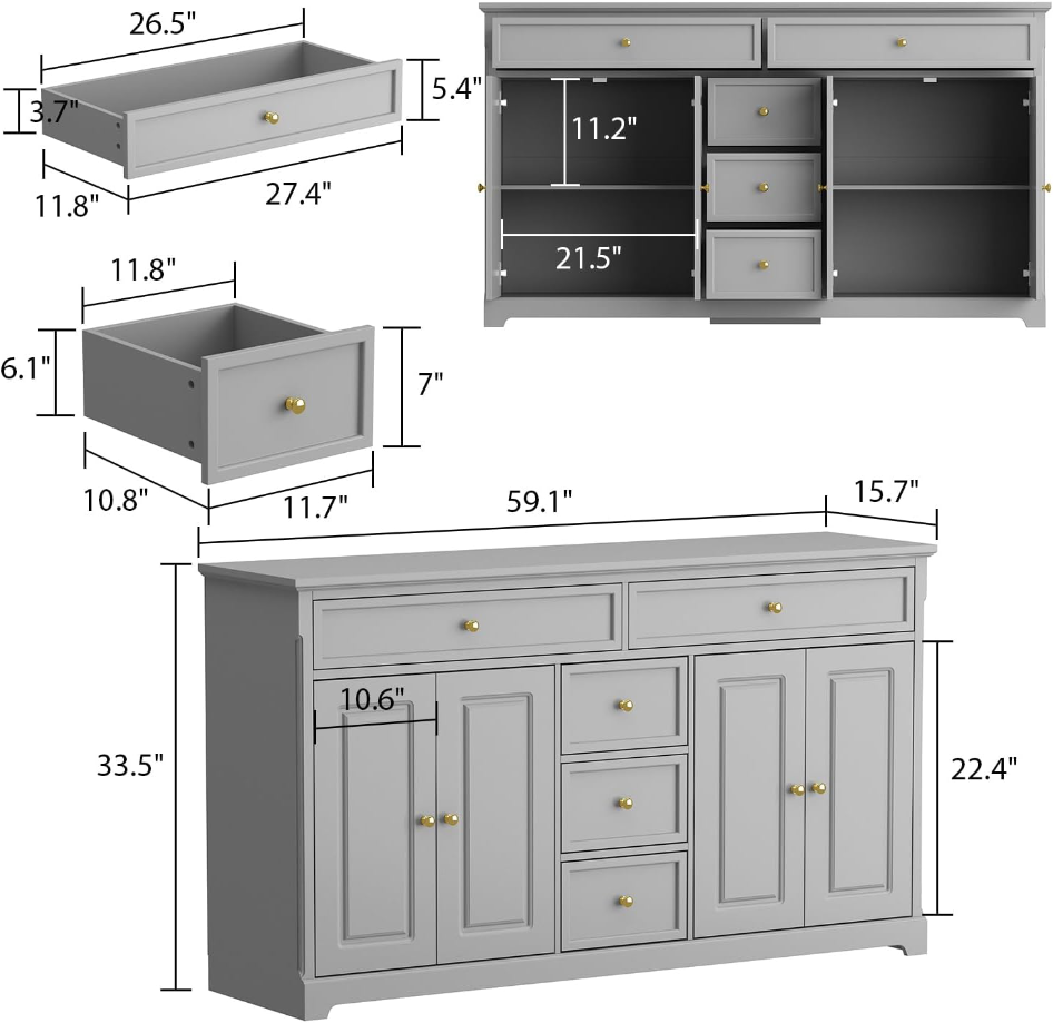 Buffet Cabinet Storage Kitchen Sideboard Farmhouse Buffet Server Bar Wine Cabinet with 5 Drawers & 4 Doors, Console Table for Dining Living Room Cupboard (Grey)