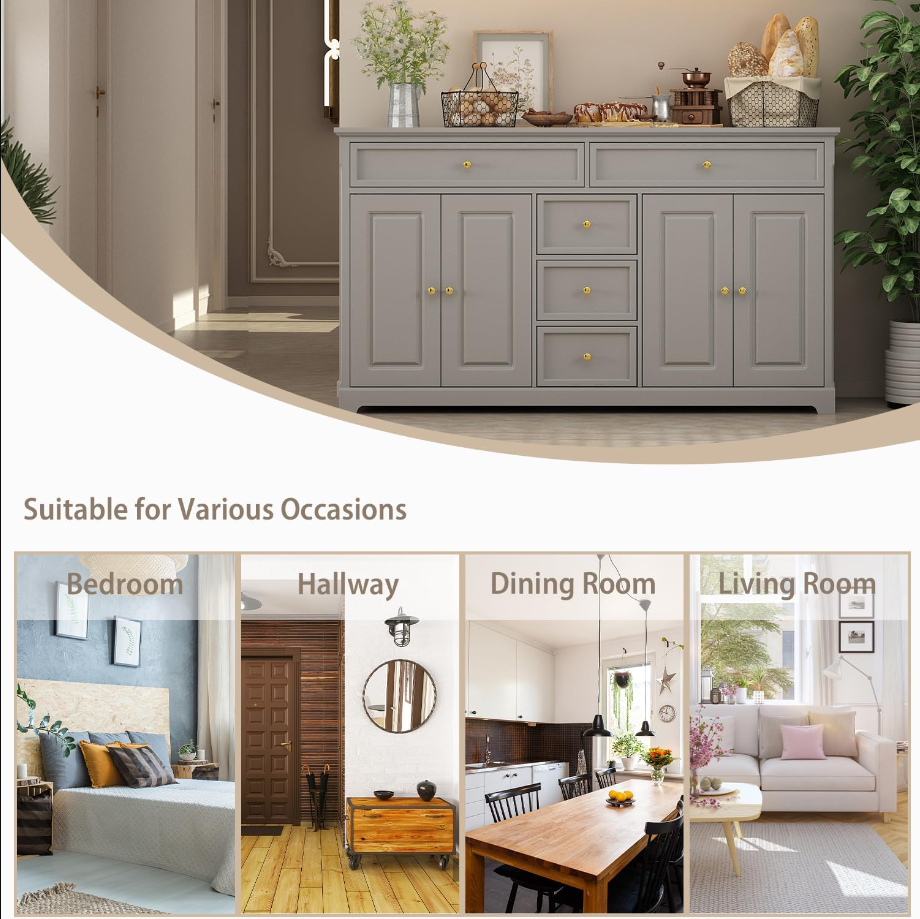 Buffet Cabinet Storage Kitchen Sideboard Farmhouse Buffet Server Bar Wine Cabinet with 5 Drawers & 4 Doors, Console Table for Dining Living Room Cupboard (Grey)