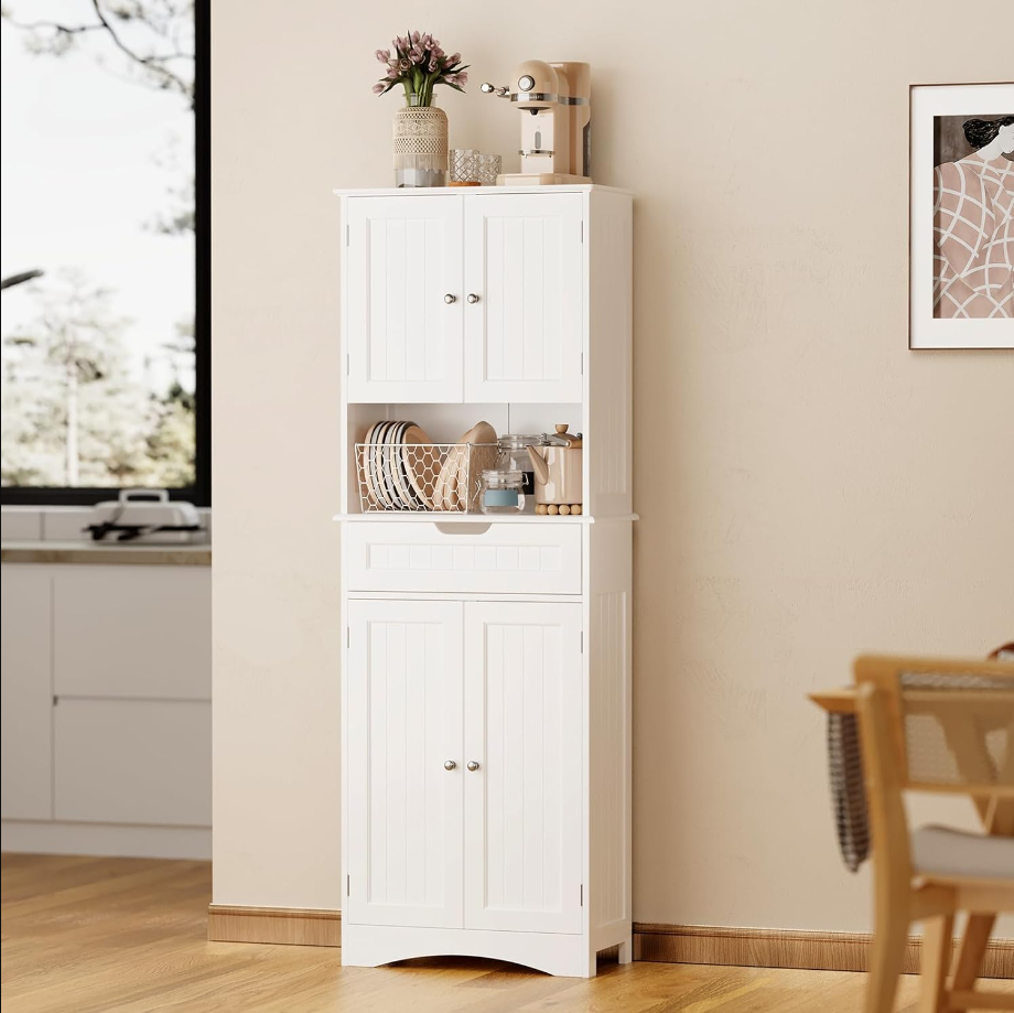 66" Tall Kitchen Pantry Storage Cabinet with Doors and Shelves Bathroom Storage Cabinet with Drawer Wooden Freestanding Cupboard with Doors for Living Room Dining Room and Laundry Room, White