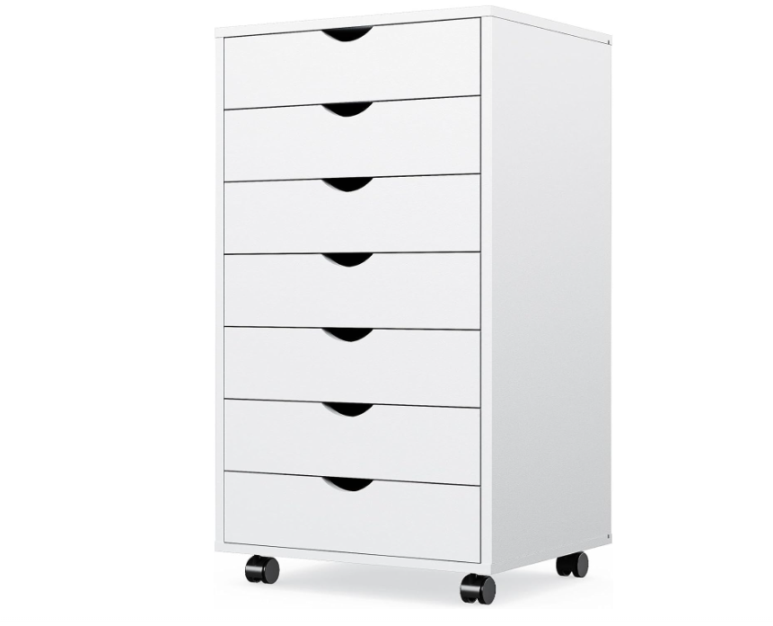7 Drawer Chest - Dressers Storage Cabinets Wooden Dresser White Mobile Cabinet with Wheels Room Organizer Rolling Small Drawers Wood Organization Furniture for Office, Home