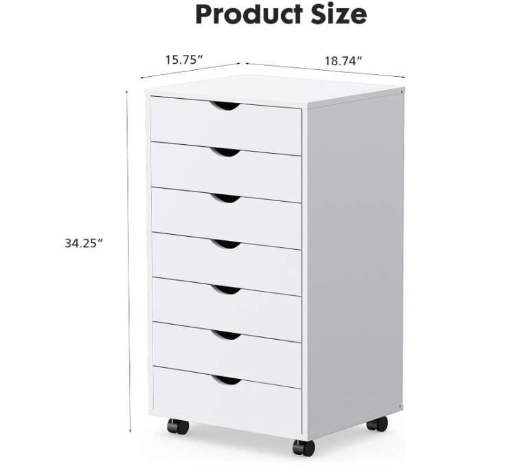 7 Drawer Chest - Dressers Storage Cabinets Wooden Dresser White Mobile Cabinet with Wheels Room Organizer Rolling Small Drawers Wood Organization Furniture for Office, Home