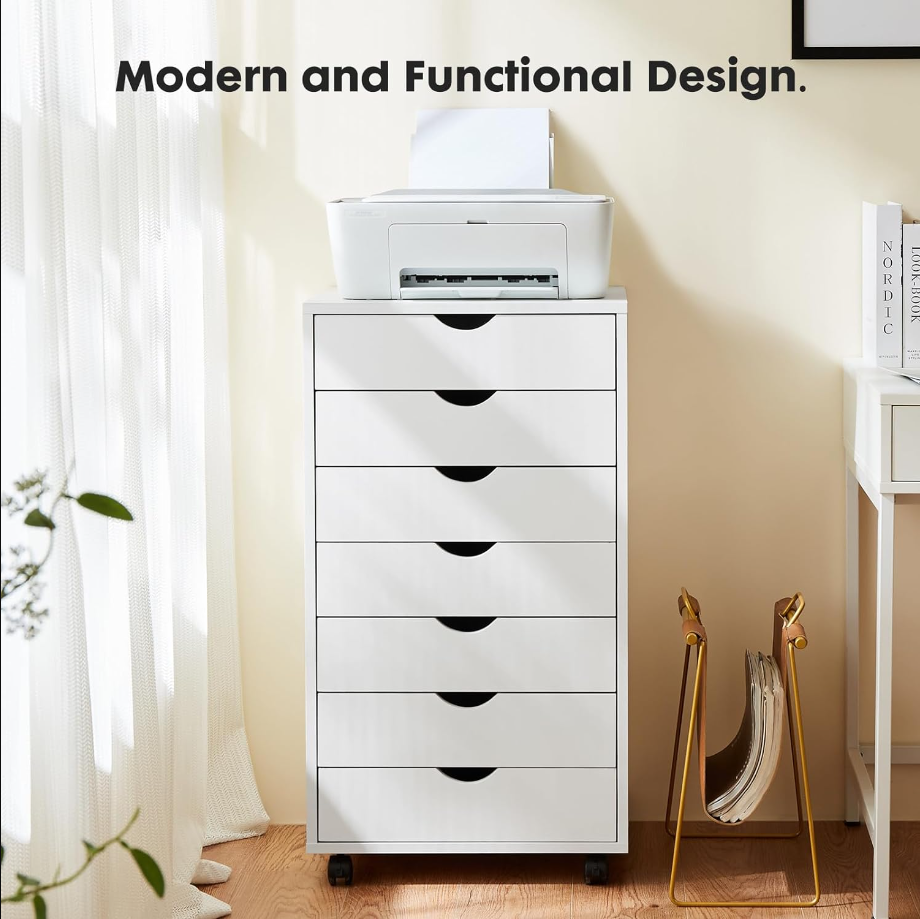 7 Drawer Chest - Dressers Storage Cabinets Wooden Dresser White Mobile Cabinet with Wheels Room Organizer Rolling Small Drawers Wood Organization Furniture for Office, Home