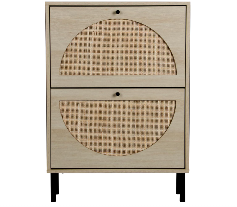 Natural Rattan Shoe Cabinet with 2 Flip Drawers, Entrance Hallway Free Standing Shoe Racks with Metal Legs for Heels, Boots, Slippers (Natural)