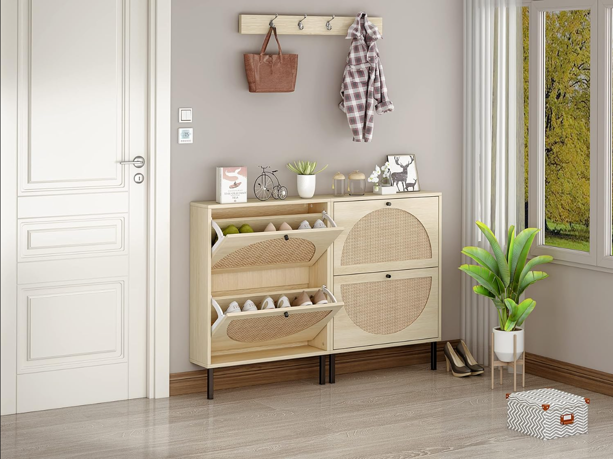 Natural Rattan Shoe Cabinet with 2 Flip Drawers, Entrance Hallway Free Standing Shoe Racks with Metal Legs for Heels, Boots, Slippers (Natural)