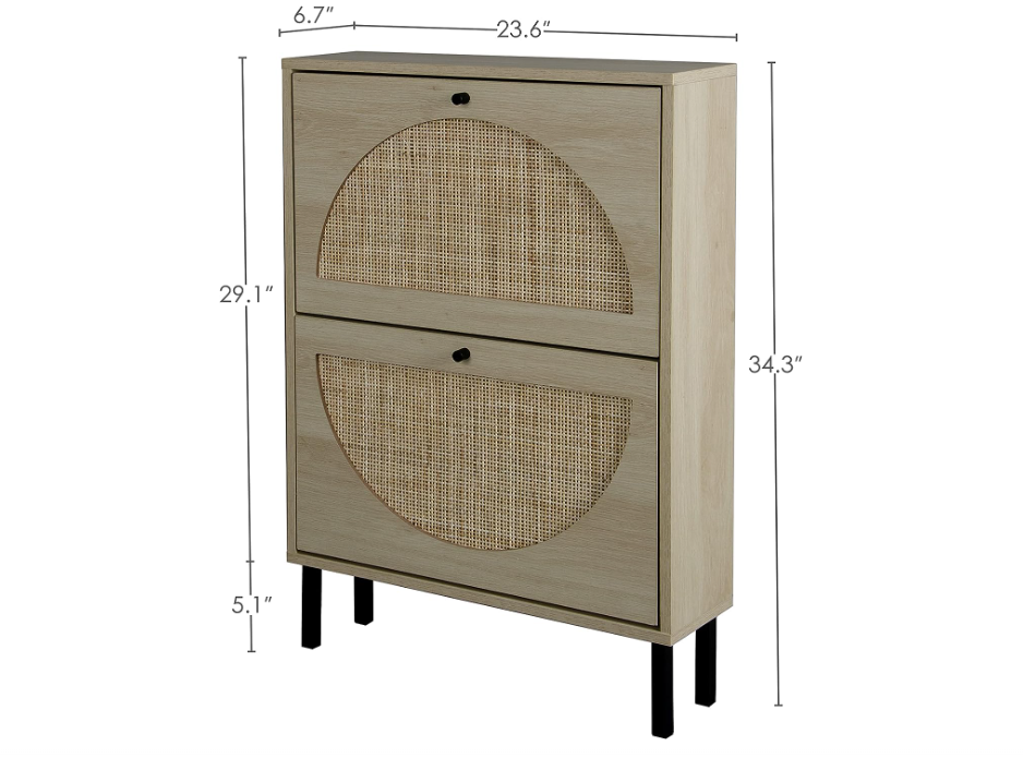 Natural Rattan Shoe Cabinet with 2 Flip Drawers, Entrance Hallway Free Standing Shoe Racks with Metal Legs for Heels, Boots, Slippers (Natural)