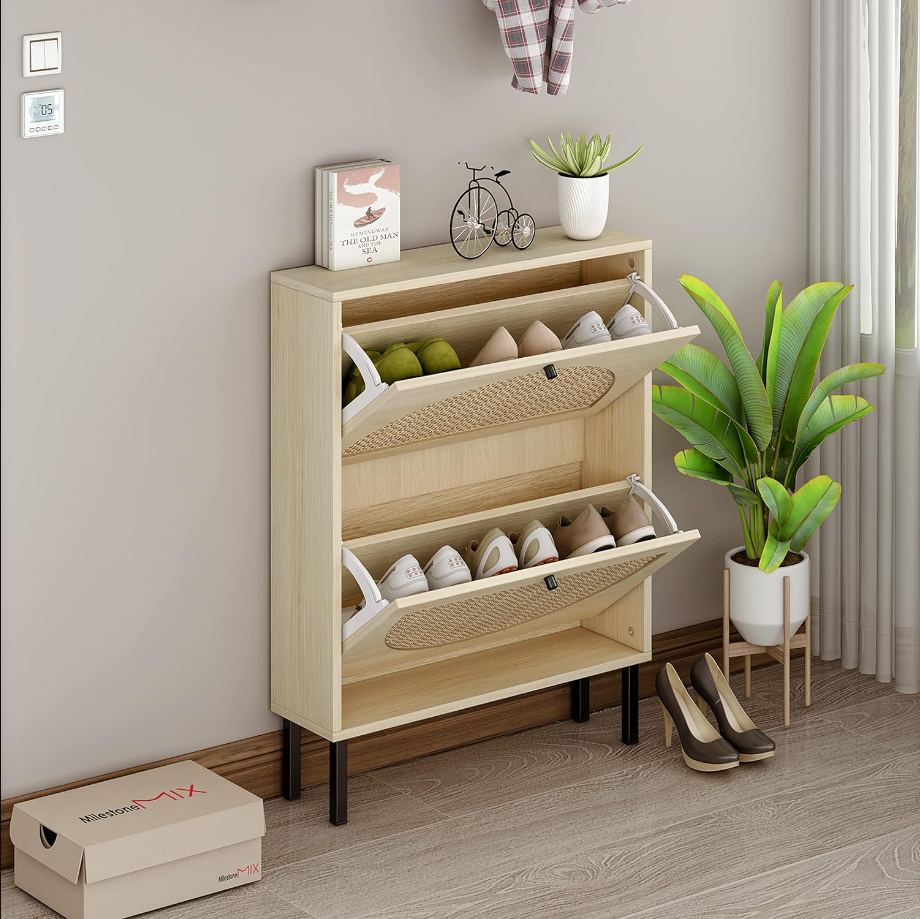 Natural Rattan Shoe Cabinet with 2 Flip Drawers, Entrance Hallway Free Standing Shoe Racks with Metal Legs for Heels, Boots, Slippers (Natural)