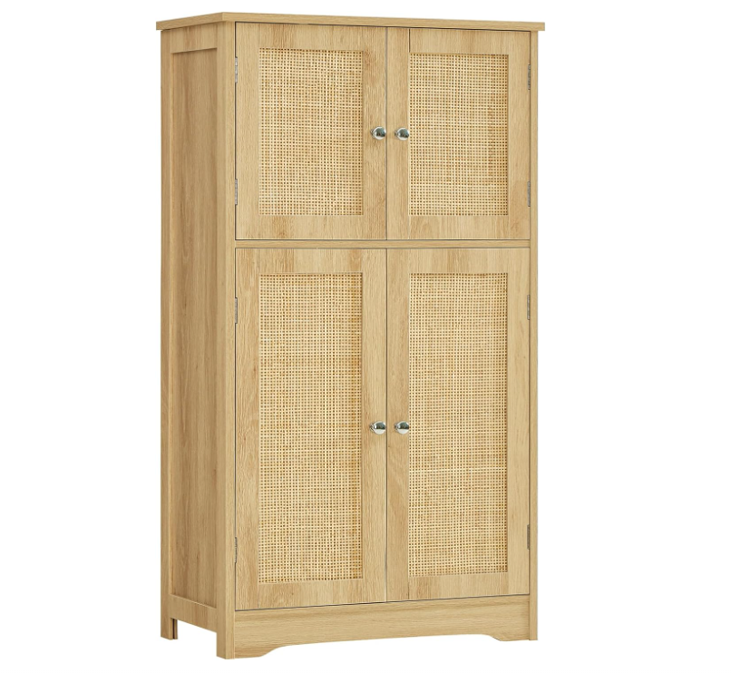 Storage Cabinet, Rattan Cabinet with 4 Rattan Doors & Adjustable Shelf, Bathroom Floor Cabinet for Living Room, Entryway, Home Office, Natural