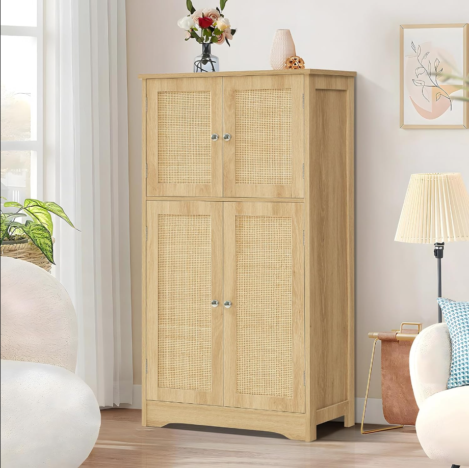 Storage Cabinet, Rattan Cabinet with 4 Rattan Doors & Adjustable Shelf, Bathroom Floor Cabinet for Living Room, Entryway, Home Office, Natural