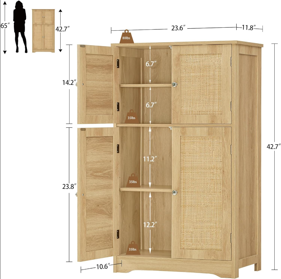 Storage Cabinet, Rattan Cabinet with 4 Rattan Doors & Adjustable Shelf, Bathroom Floor Cabinet for Living Room, Entryway, Home Office, Natural