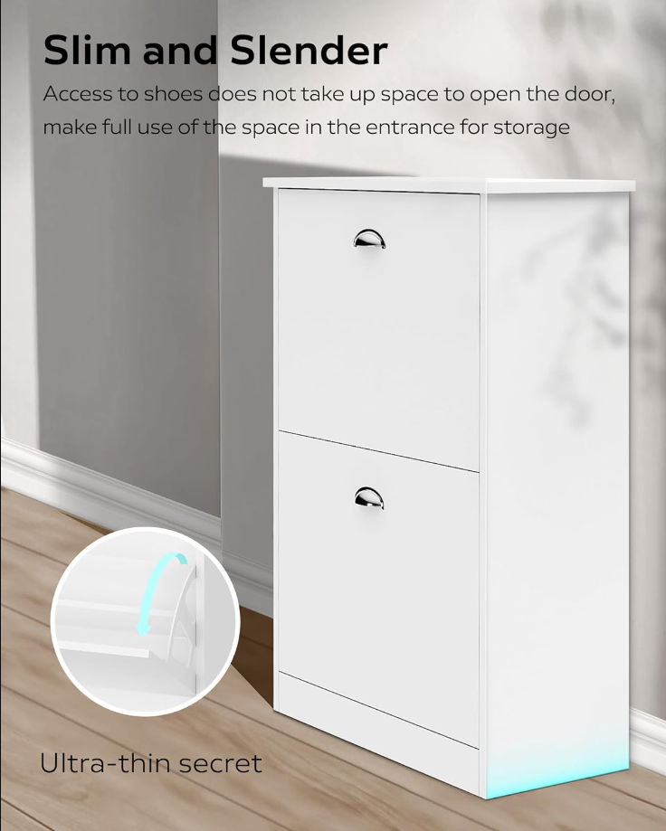Shoe Cabinet,Hidden Slim Narrow Shoe Rack Cabinet with 2 Drawers for Entryway, Foyer,Hallway,Bedroom,White