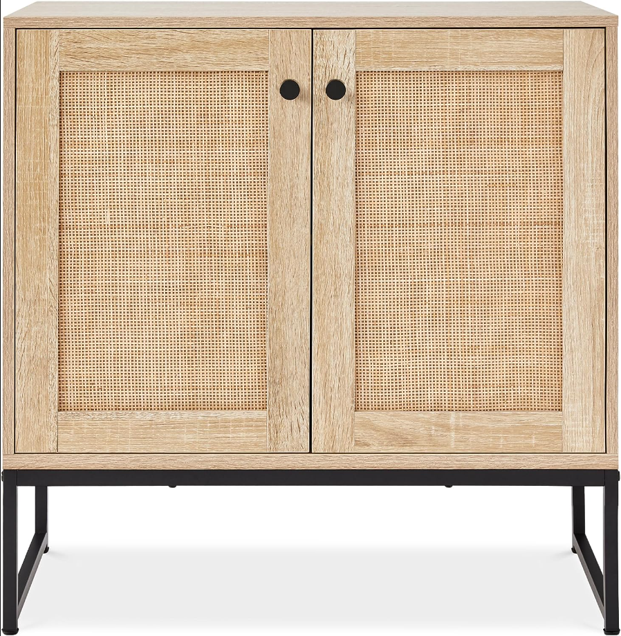 2-Door Rattan Storage Cabinet, Accent Furniture, Multifunctional Cupboard for Living Room, Hallway, Kitchen, Sideboard, Buffet Table w/Non-Scratch Foot Pads - Natural