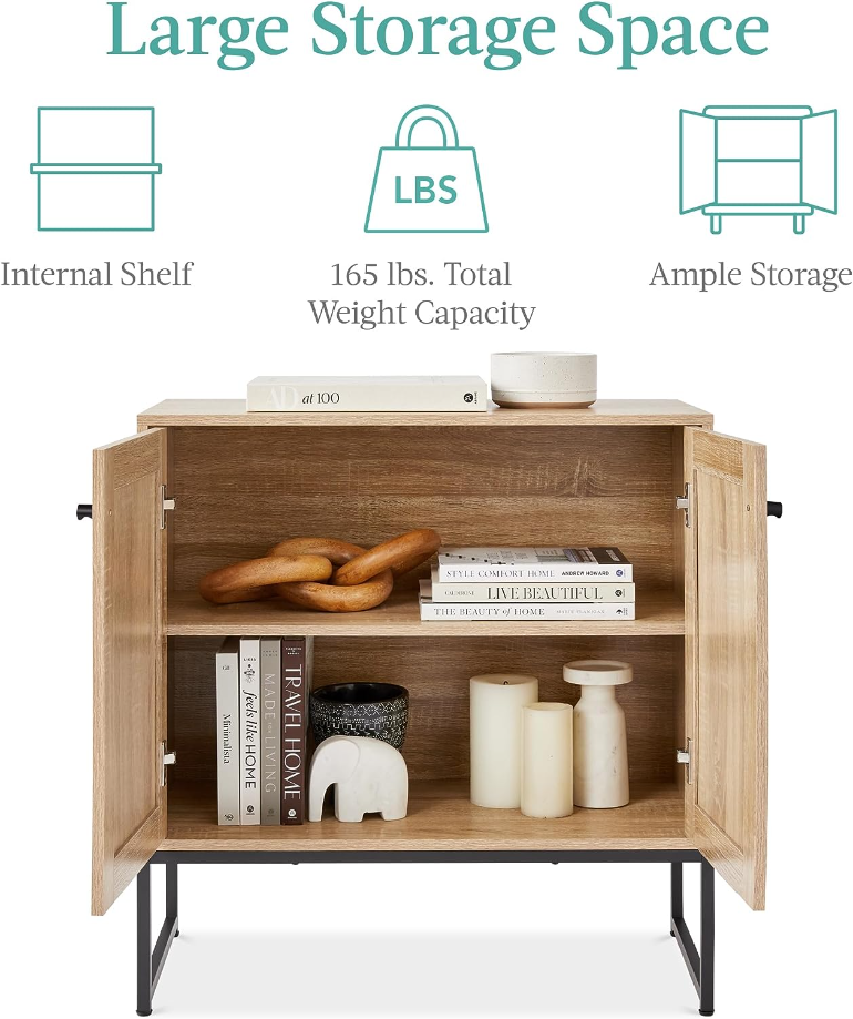 2-Door Rattan Storage Cabinet, Accent Furniture, Multifunctional Cupboard for Living Room, Hallway, Kitchen, Sideboard, Buffet Table w/Non-Scratch Foot Pads - Natural