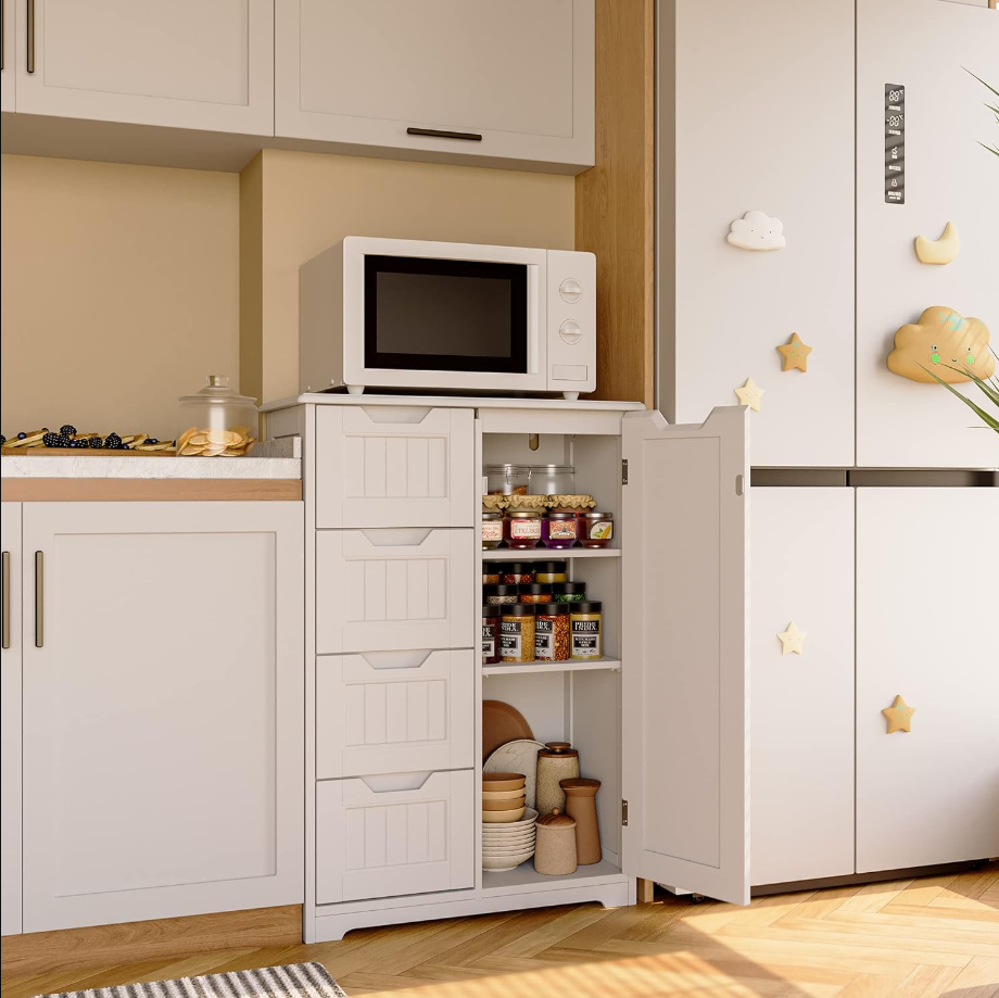 33" Small Kitchen Pantry Storage Cabinet with Door and Shelves, Pantry Cabinet Storage Cupboard, Freestanding Wooden Dresser with 4 Drawers for Bathroom and Dining Room, White