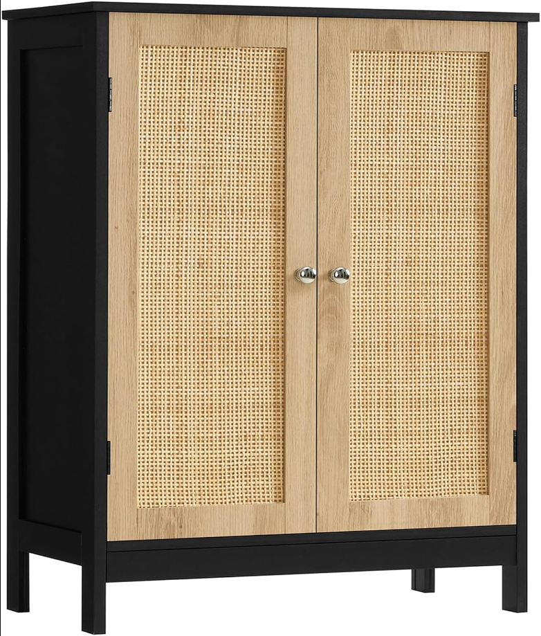 Storage Cabinet with Rattan Doors, Bathroom Storage Cabinet with Adjustable Shelf, Floor Cabinet for Living Room, Entryway, Kitchen, Home Office, Black