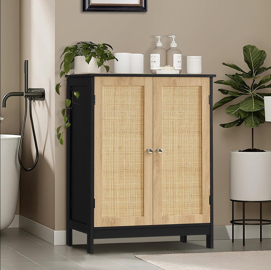 Storage Cabinet with Rattan Doors, Bathroom Storage Cabinet with Adjustable Shelf, Floor Cabinet for Living Room, Entryway, Kitchen, Home Office, Black