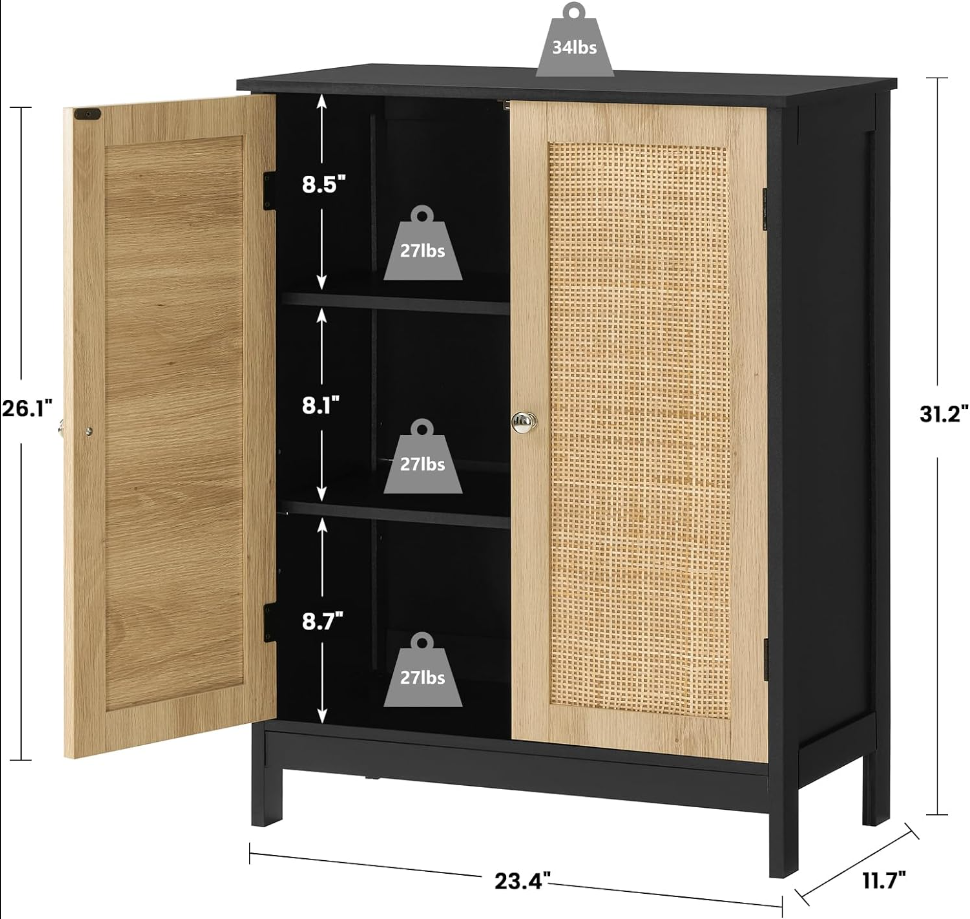 Storage Cabinet with Rattan Doors, Bathroom Storage Cabinet with Adjustable Shelf, Floor Cabinet for Living Room, Entryway, Kitchen, Home Office, Black