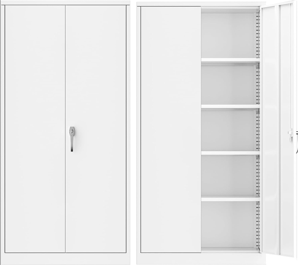 Metal Storage Cabinets, 71" Steel Storage Cabinet with Lock, Tall White Cabinet with 2 Doors and 4 Adjustable Shelves for Garage, Home Office, Classroom, File, Easy Assemble