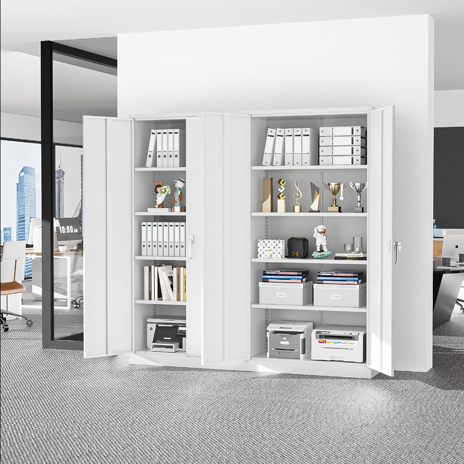 Metal Storage Cabinets, 71" Steel Storage Cabinet with Lock, Tall White Cabinet with 2 Doors and 4 Adjustable Shelves for Garage, Home Office, Classroom, File, Easy Assemble