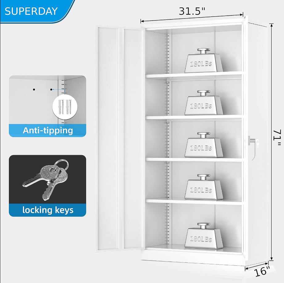 Metal Storage Cabinets, 71" Steel Storage Cabinet with Lock, Tall White Cabinet with 2 Doors and 4 Adjustable Shelves for Garage, Home Office, Classroom, File, Easy Assemble