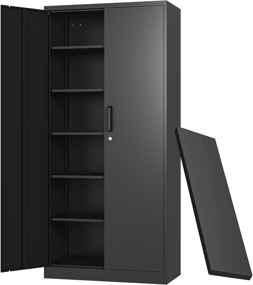Metal Storage Cabinets with Lock, Tall Locker Organizer Steel Cabinets, Adjustable Layers Shelves 2 Doors for Home, Office, Warehouse,Garage,Industrial,Employee Lockers (Black)