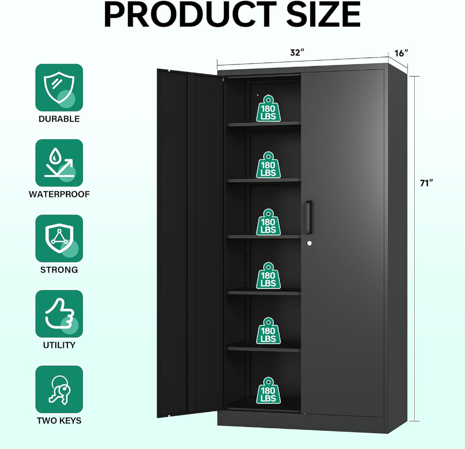 Metal Storage Cabinets with Lock, Tall Locker Organizer Steel Cabinets, Adjustable Layers Shelves 2 Doors for Home, Office, Warehouse,Garage,Industrial,Employee Lockers (Black)