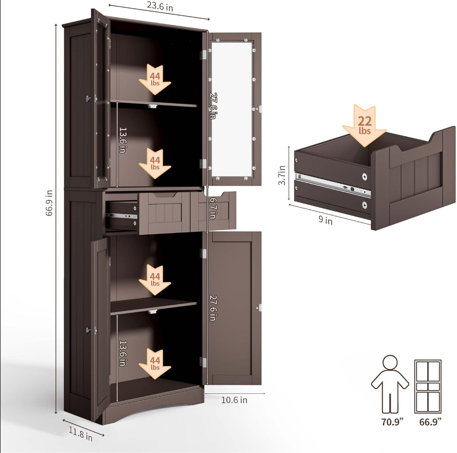 Tall Storage Cabinet with Glass Doors and 2 Drawers, Freestanding Kitchen Pantry Cabinet with Shelves, Large Modern Cupboard for Home, Bathroom, Living Room, Office, Espresso