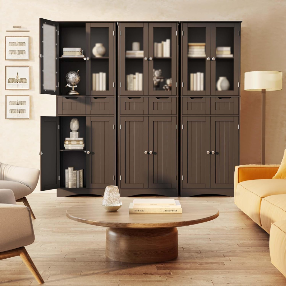 Tall Storage Cabinet with Glass Doors and 2 Drawers, Freestanding Kitchen Pantry Cabinet with Shelves, Large Modern Cupboard for Home, Bathroom, Living Room, Office, Espresso