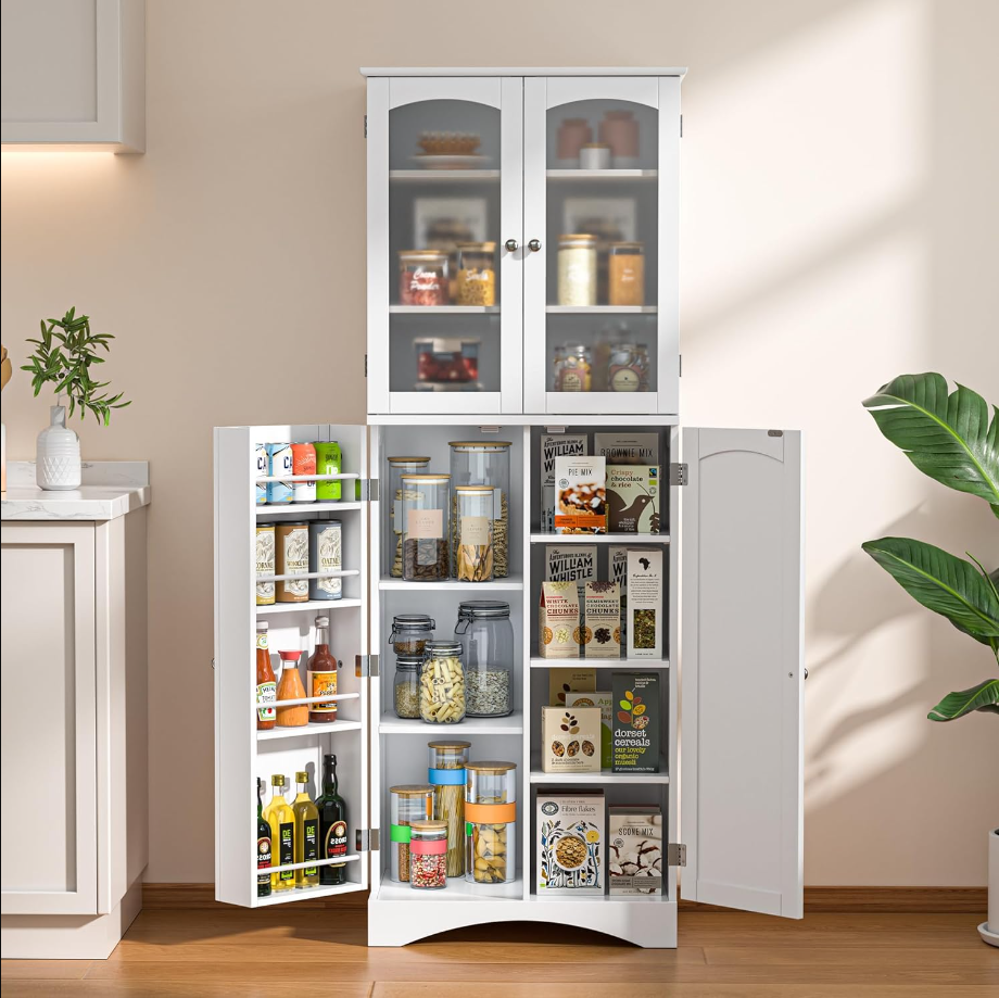 64" Kitchen Pantry Cabinet, Tall Storage Cabinet with Glass Doors and Adjustable Shelves, Freestanding Floor Cabinet Cupboard for Kitchen, Living Room, Dining Room (White)