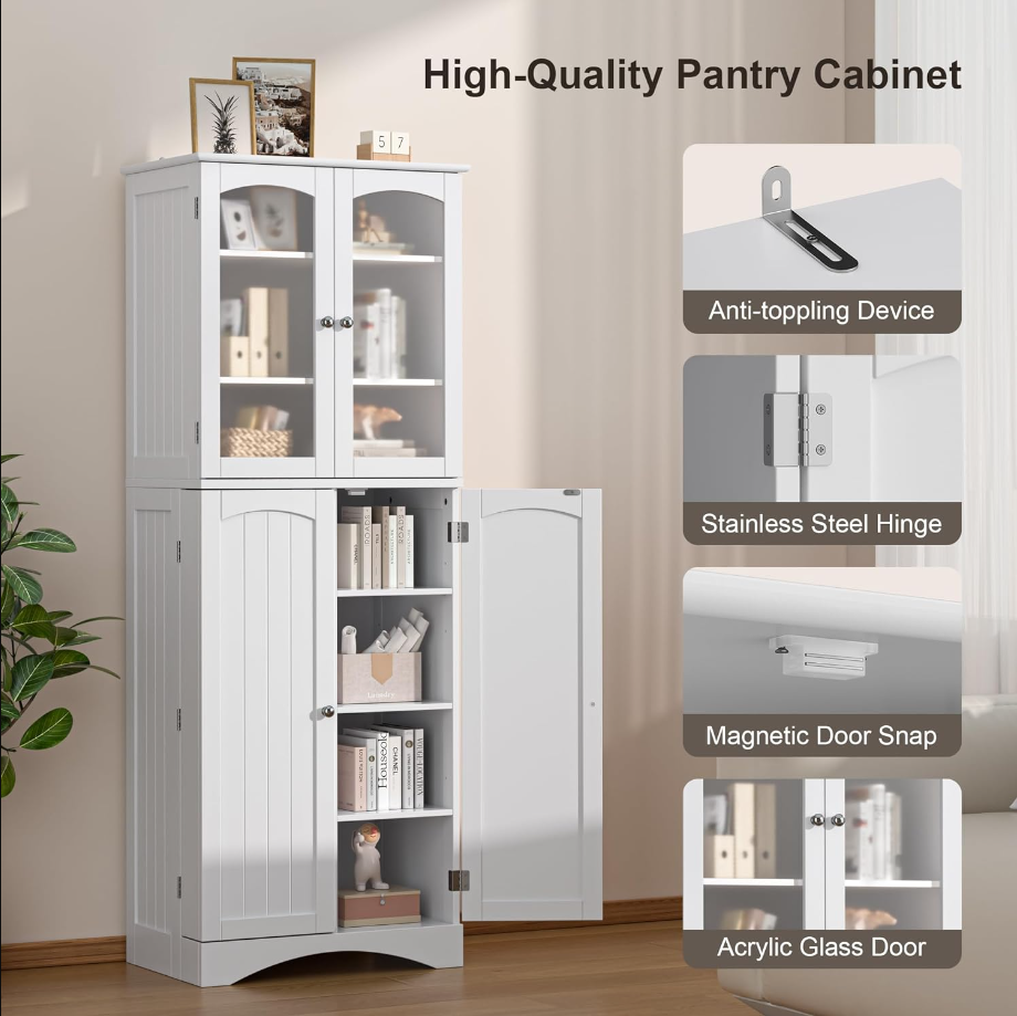 64" Kitchen Pantry Cabinet, Tall Storage Cabinet with Glass Doors and Adjustable Shelves, Freestanding Floor Cabinet Cupboard for Kitchen, Living Room, Dining Room (White)